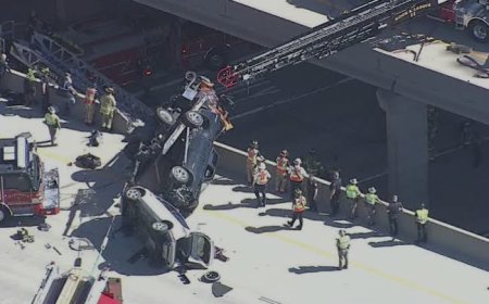 টেক্সাসে ওভারপাসে ঝুলে পড়ল টো ট্রাক, চালককে উদ্ধার